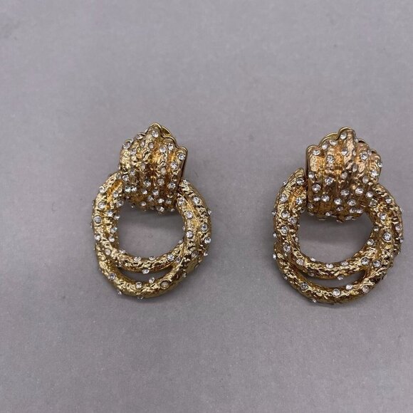 Geometric Twist Knot Design Rhinestone Crystal Embellished Earrings Gold Tone - Picture 2 of 6